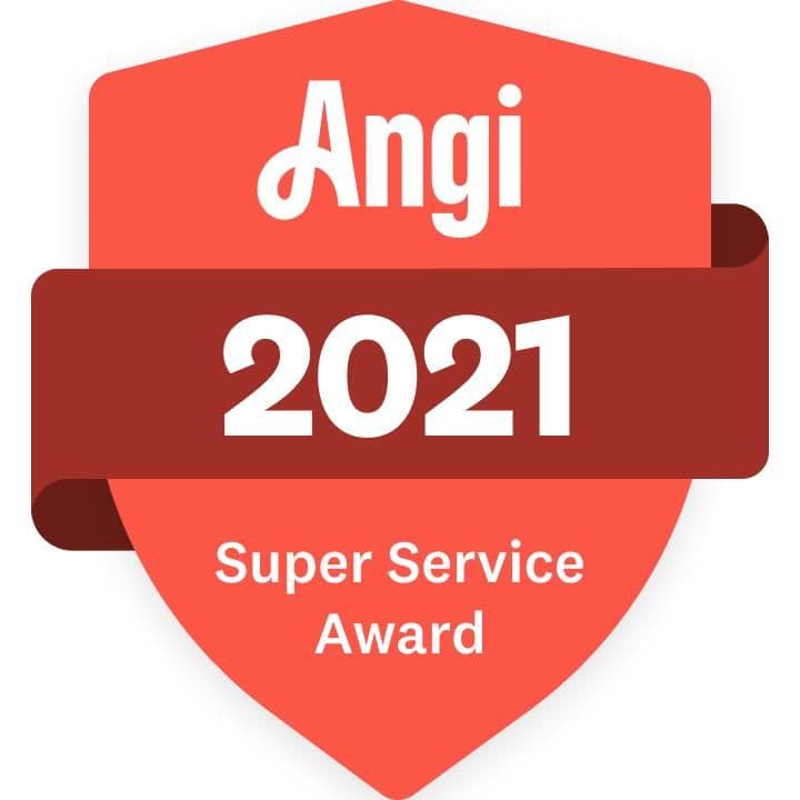 Angi 2021 Super Service Award badge in red and dark red shield shape