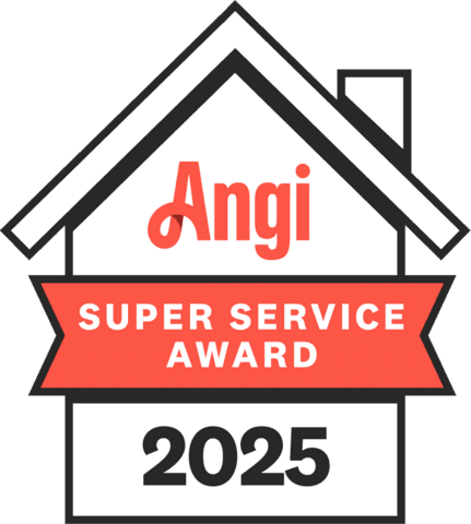 Angi Super Service Award 2025 badge with red ribbon banner