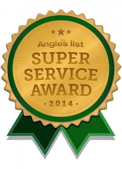 Angi's List - 2014 - Gold and green Super Service Award badge with ribbons