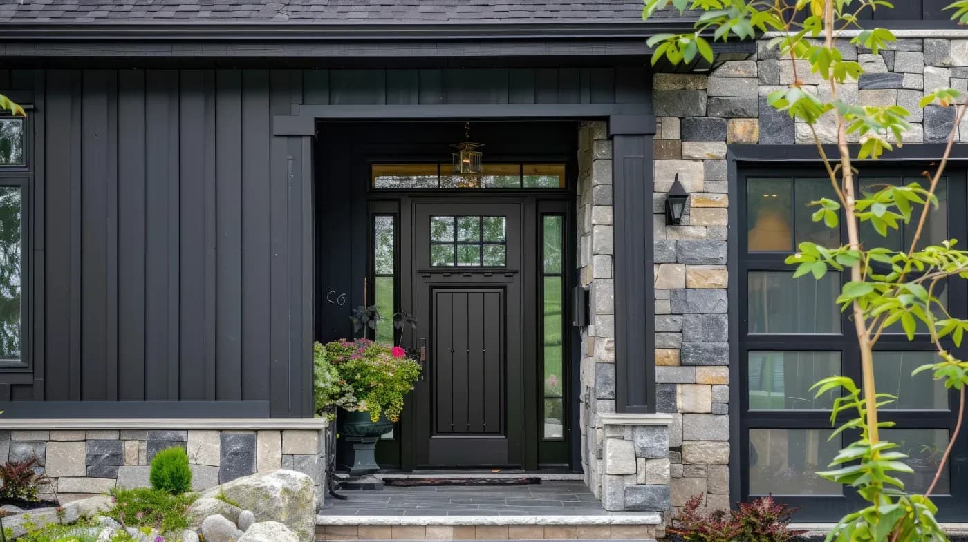 Modern home entrance with black paneled siding and stone veneer, featuring a black front door with sidelights, transom window, and decorative planters with pink flowers