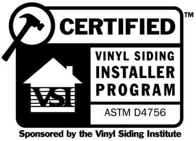 VSI Certified Vinyl Siding Installer Program badge with ASTM D4756 standard, sponsored by Vinyl Siding Institute