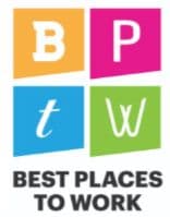 Best Places to Work logo with four colored squares containing letters B, P, t, and W in orange, magenta, blue, and green